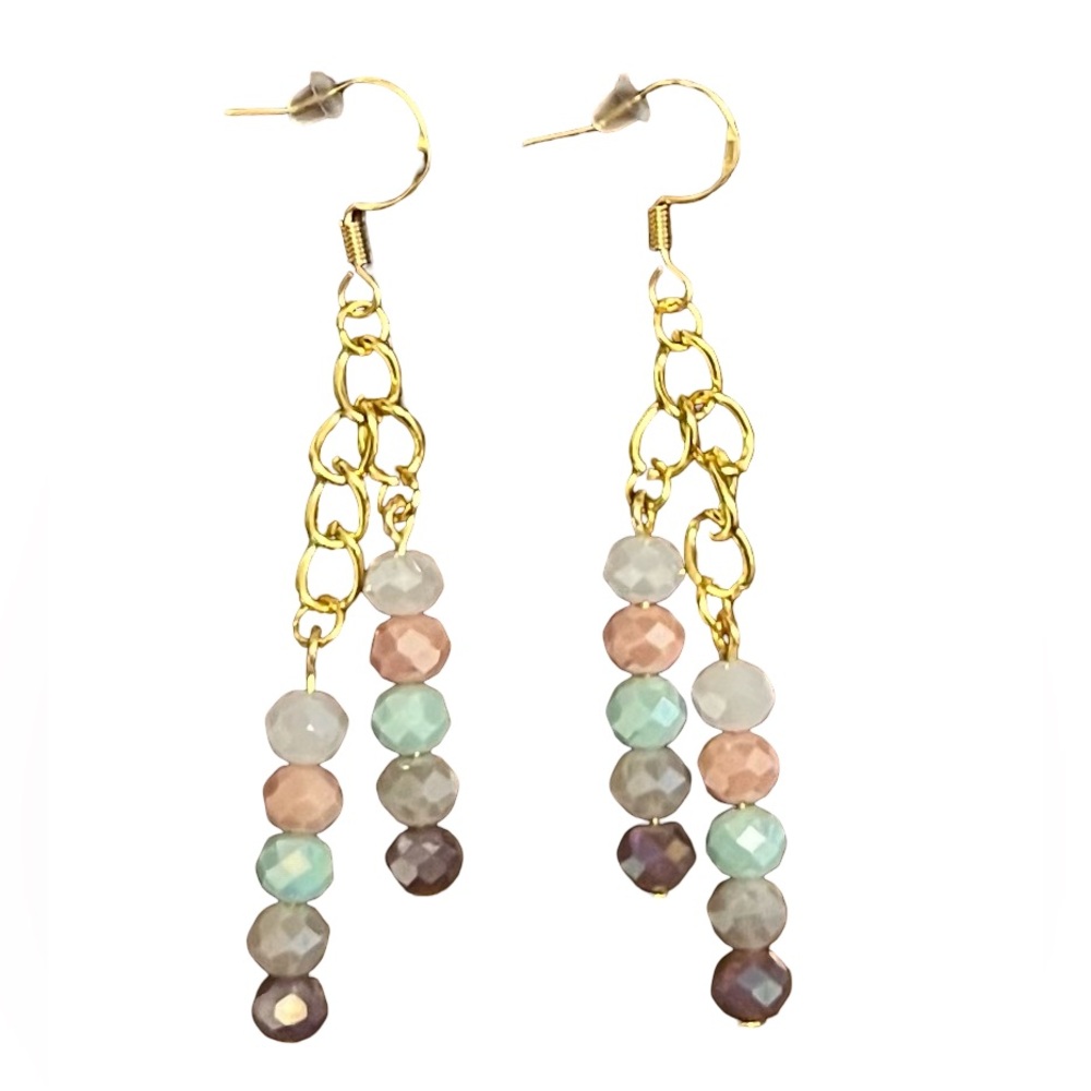 Gold Tone Chain Dangle Earrings with Multi-Colored Beads - Picture 2 of 2